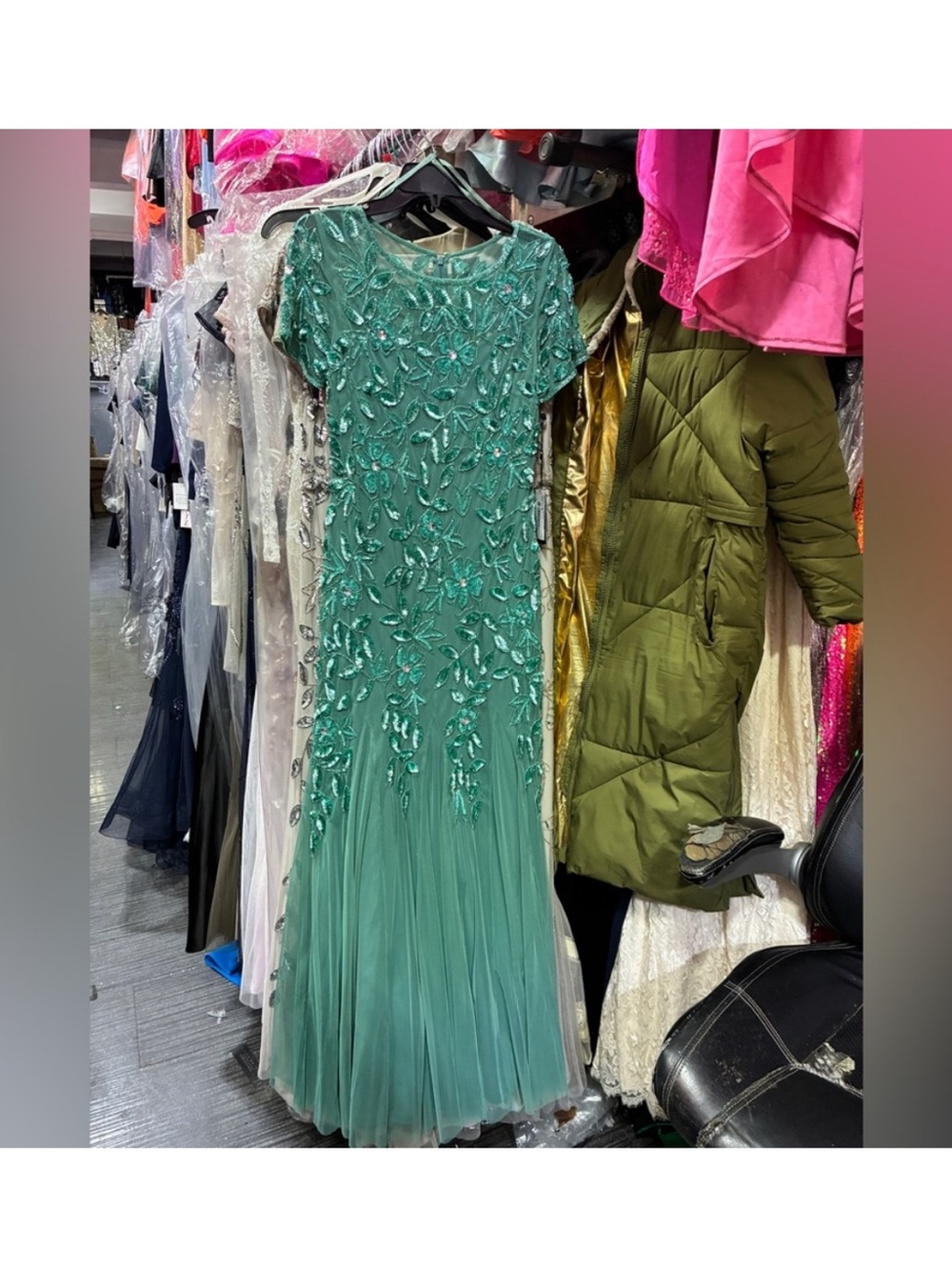 Adrianna Papell Dress SZ 6 Jade Green Beaded Sequin Gown Formal Evening NWT GALA - Picture 11 of 14